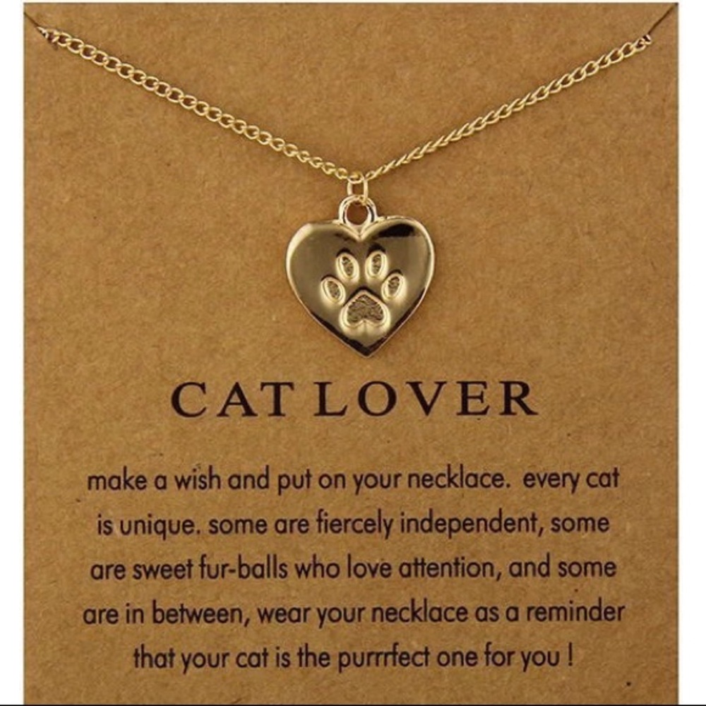 Cat Lover Heart Paw Pendant Gold Chain Necklace